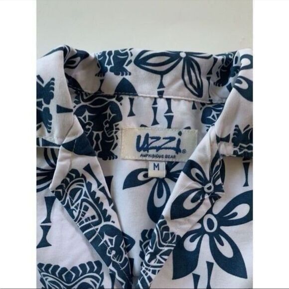 Uzzi Amphibious Gear Shirt Mens M Tiki Blue White Hawaiian Shirt Blue White - Picture 3 of 5